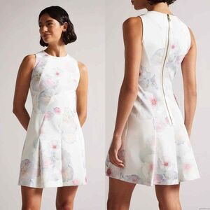 Ted Baker Skater Dress 6 Mini Sleeveless Shift Fit Flare Floral Summer White
